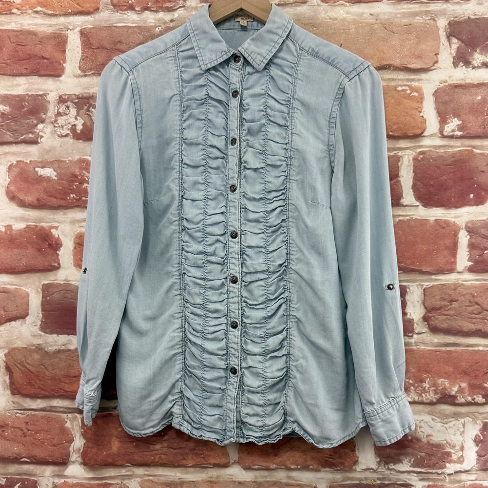 Reba Top Women's Small Light Blue Chambray Denim Ruched Western Casual Shirt